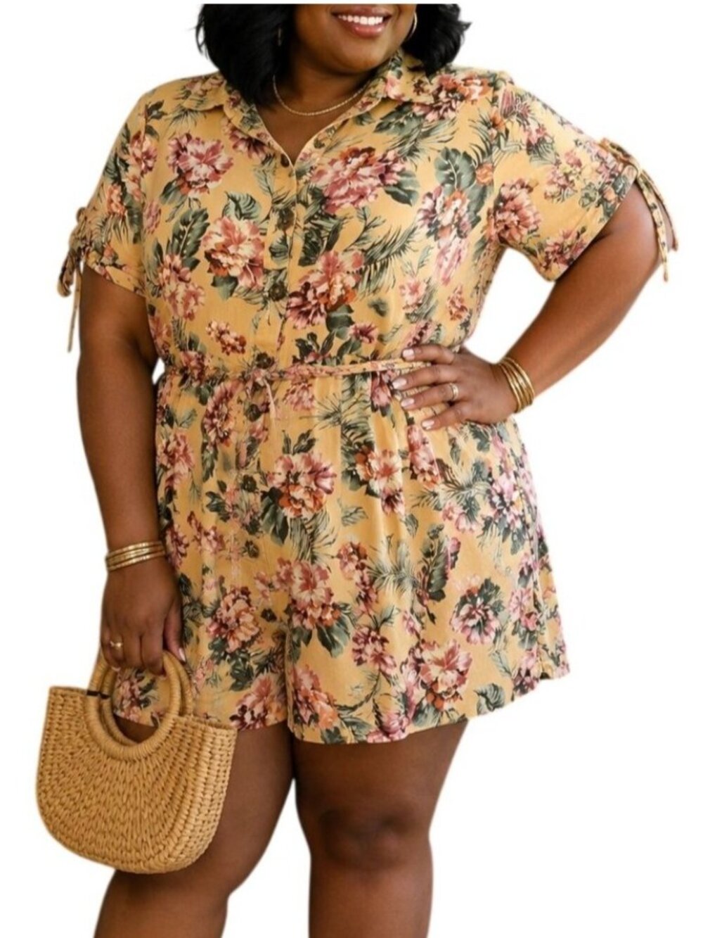 New Look Plus Size 3X Romper Yellow Floral Adjustable Self-Tie Short Sleeves